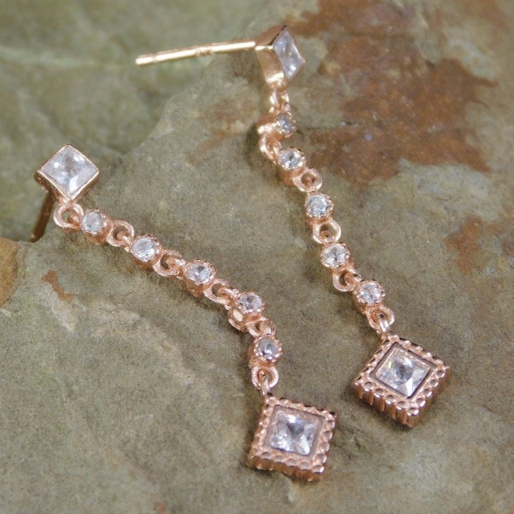 Double Diamond Dangle Earrings Rose Gold